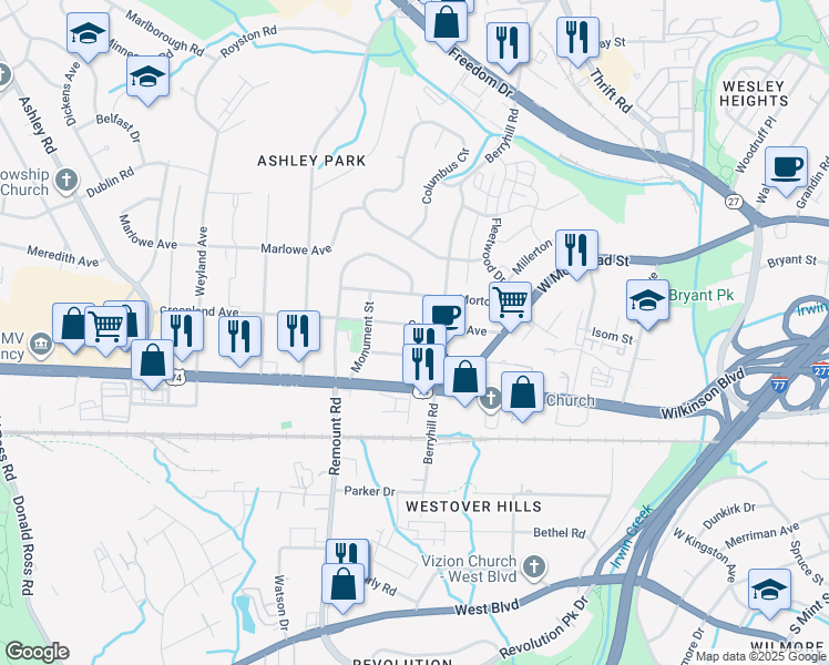 map of restaurants, bars, coffee shops, grocery stores, and more near 2417 Greenland Avenue in Charlotte
