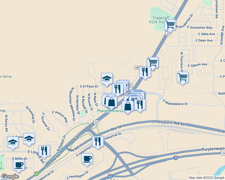 map of restaurants, bars, coffee shops, grocery stores, and more near 4000 North Cummings Street in Flagstaff