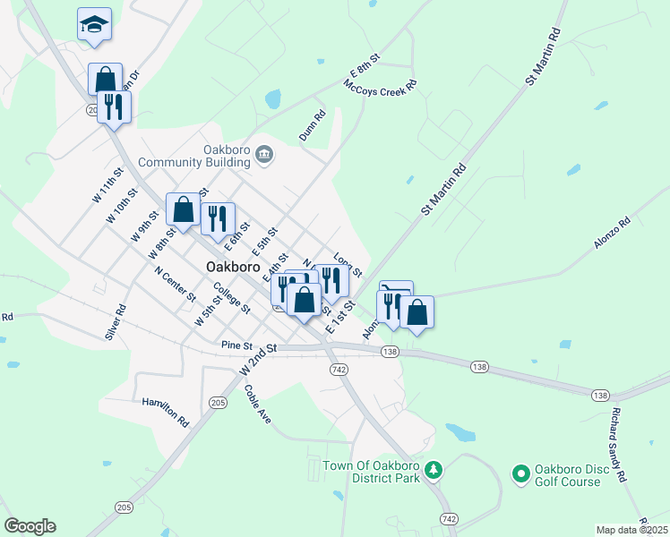 map of restaurants, bars, coffee shops, grocery stores, and more near 409 East 2nd Street in Oakboro