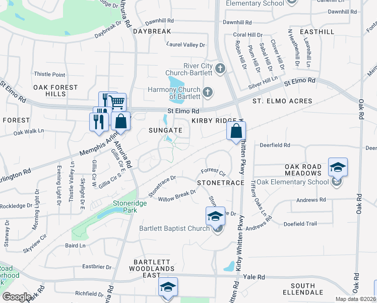 map of restaurants, bars, coffee shops, grocery stores, and more near 3625 Dawnridge Cove in Memphis