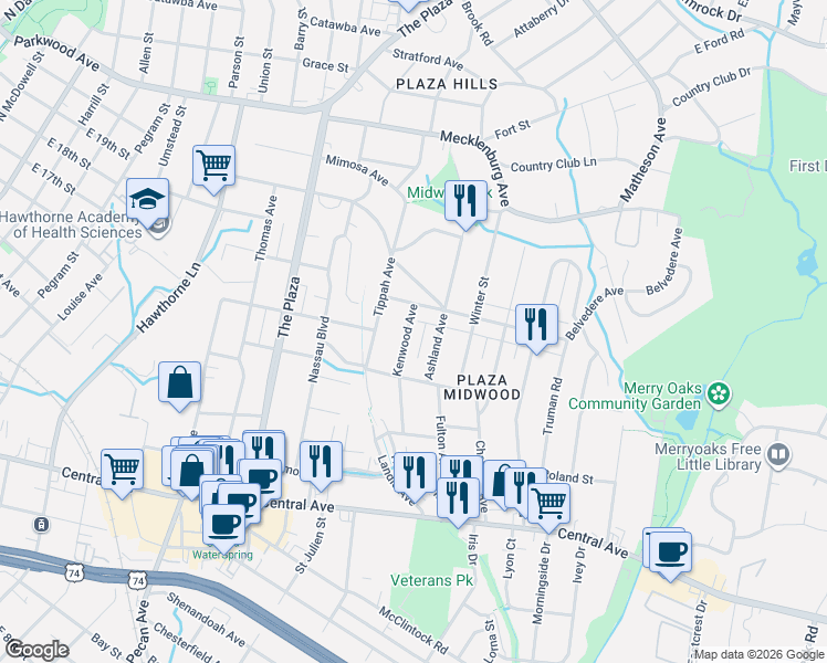 map of restaurants, bars, coffee shops, grocery stores, and more near 2012 Kenwood Avenue in Charlotte