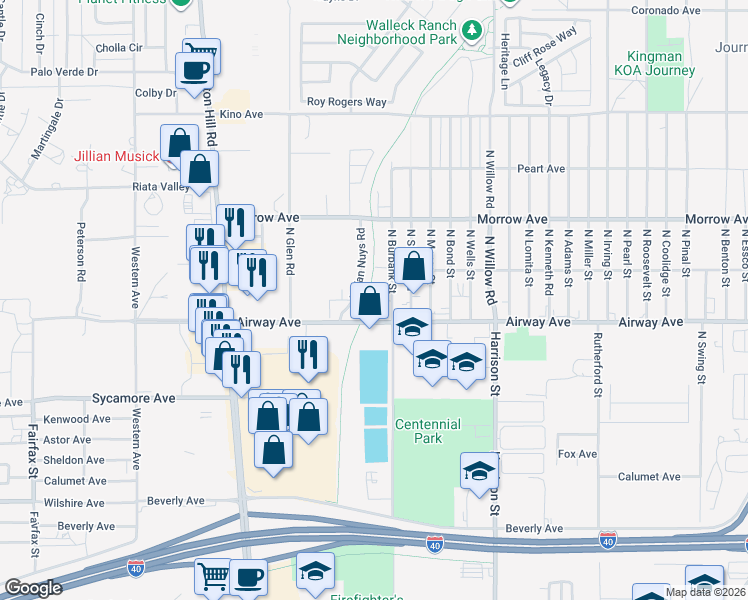 map of restaurants, bars, coffee shops, grocery stores, and more near 3535 North Burbank Street in Kingman