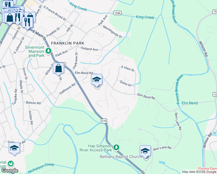 map of restaurants, bars, coffee shops, grocery stores, and more near 360 Elm Bend Road in Brevard