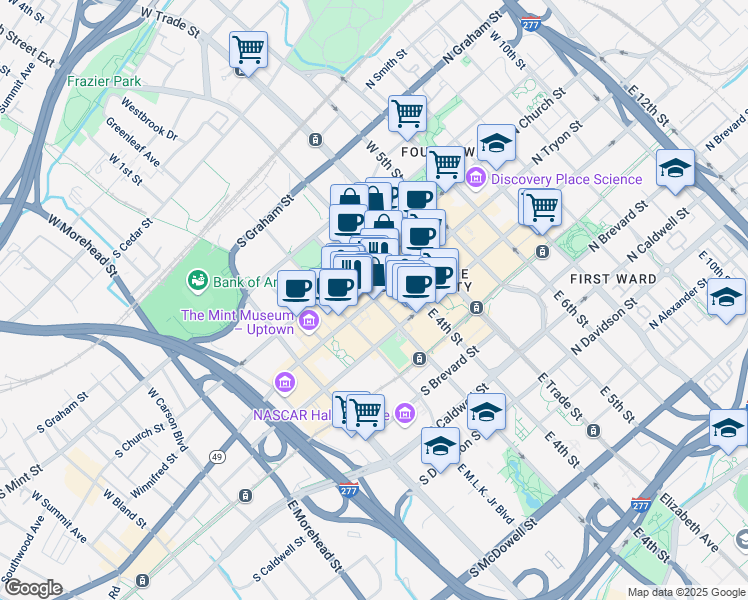 map of restaurants, bars, coffee shops, grocery stores, and more near S Tryon St & W 3rd St in Charlotte