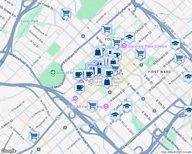 map of restaurants, bars, coffee shops, grocery stores, and more near 300 South Tryon Street in Charlotte