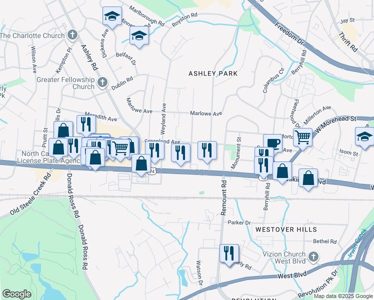 map of restaurants, bars, coffee shops, grocery stores, and more near in Charlotte