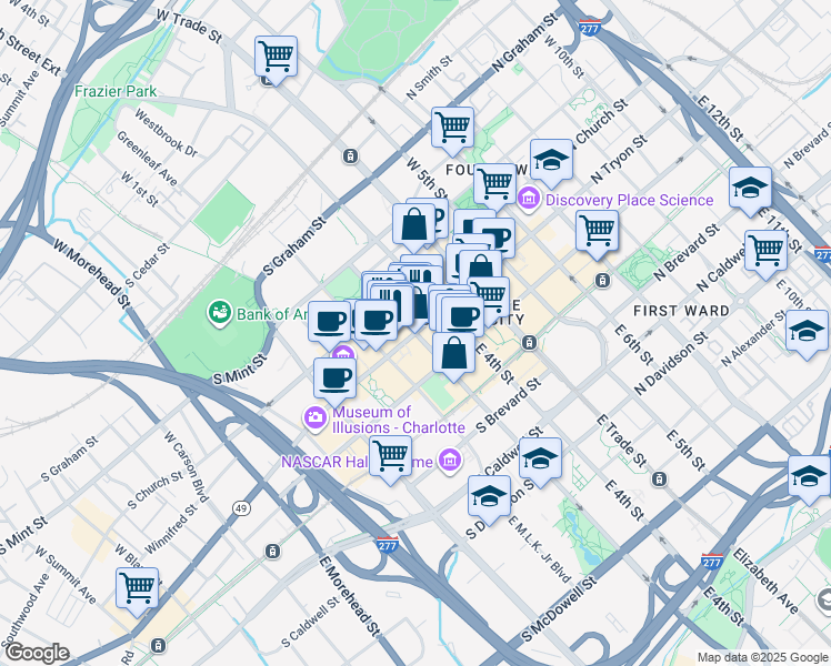 map of restaurants, bars, coffee shops, grocery stores, and more near in Charlotte
