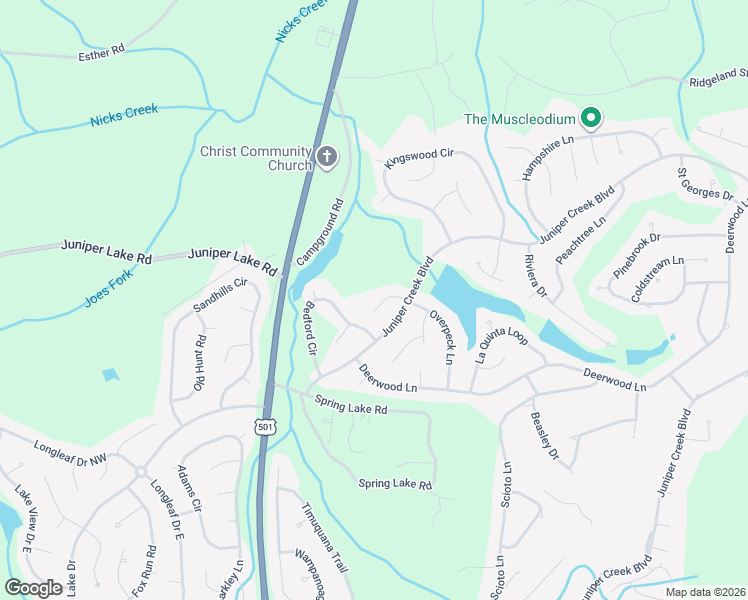 map of restaurants, bars, coffee shops, grocery stores, and more near 5 Raintree Court in Pinehurst