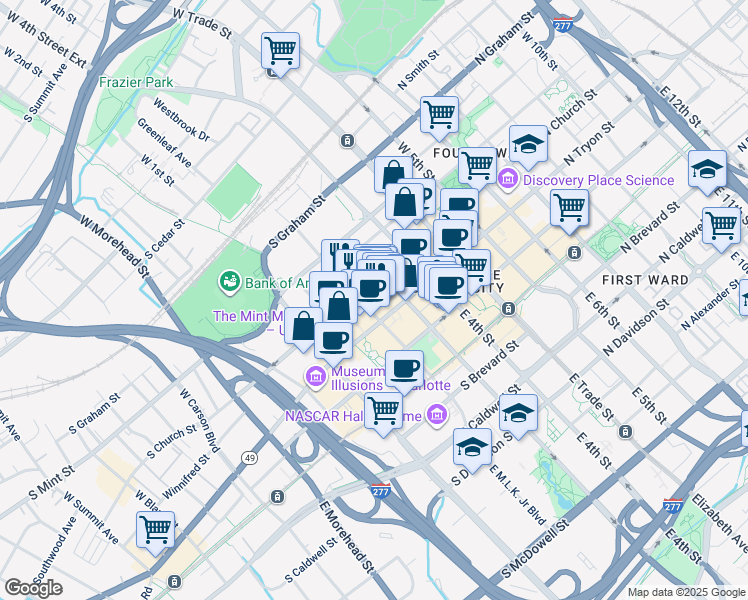 map of restaurants, bars, coffee shops, grocery stores, and more near 147 Brevard Court in Charlotte
