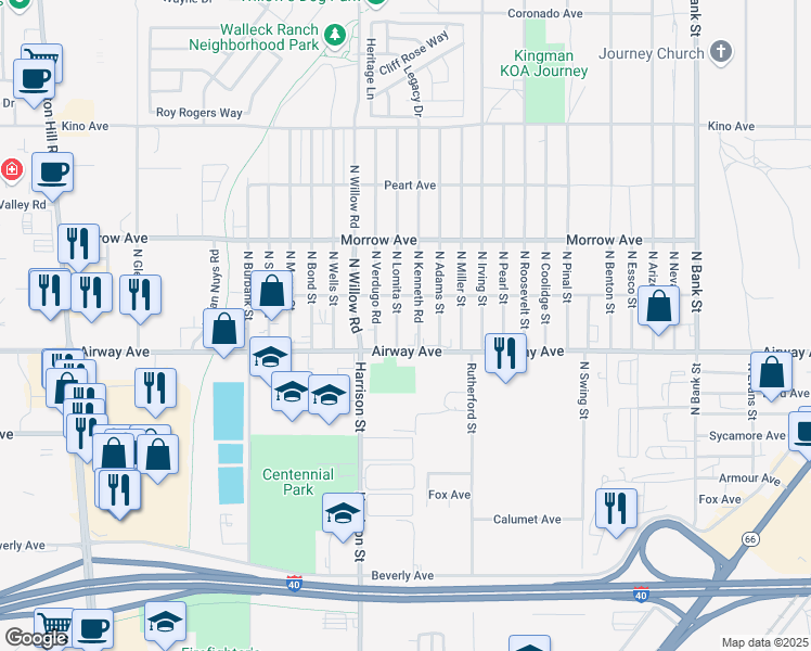 map of restaurants, bars, coffee shops, grocery stores, and more near 3545 North Kenneth Road in Kingman