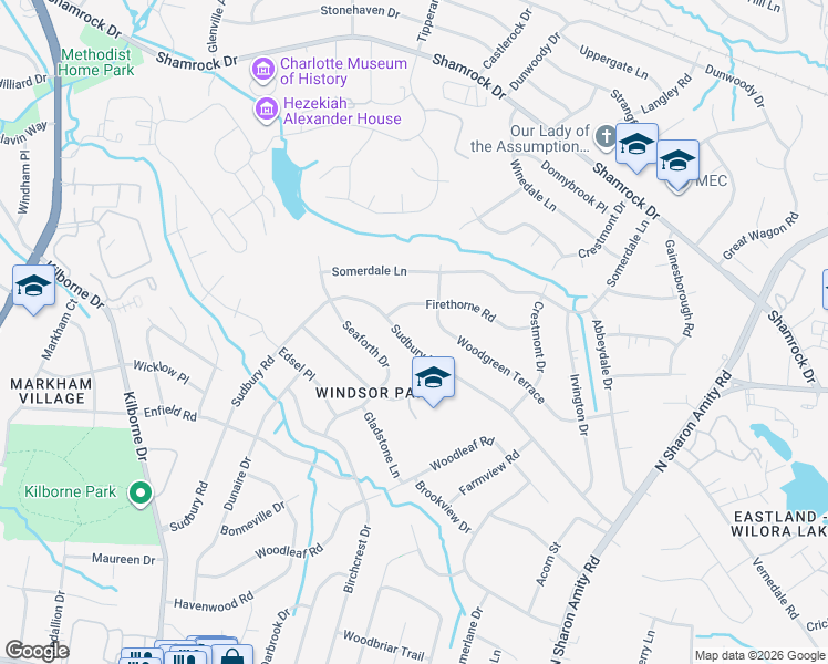 map of restaurants, bars, coffee shops, grocery stores, and more near 3912 Woodgreen Terrace in Charlotte