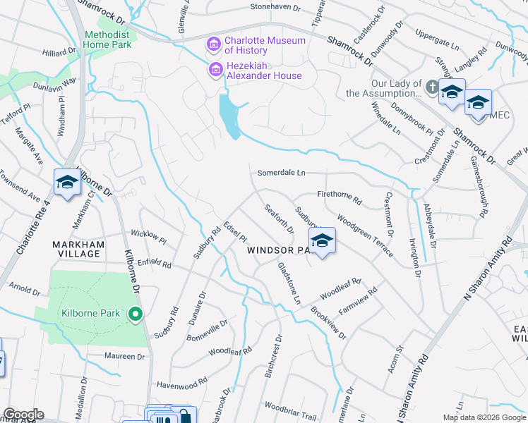 map of restaurants, bars, coffee shops, grocery stores, and more near 3931 Seaforth Drive in Charlotte