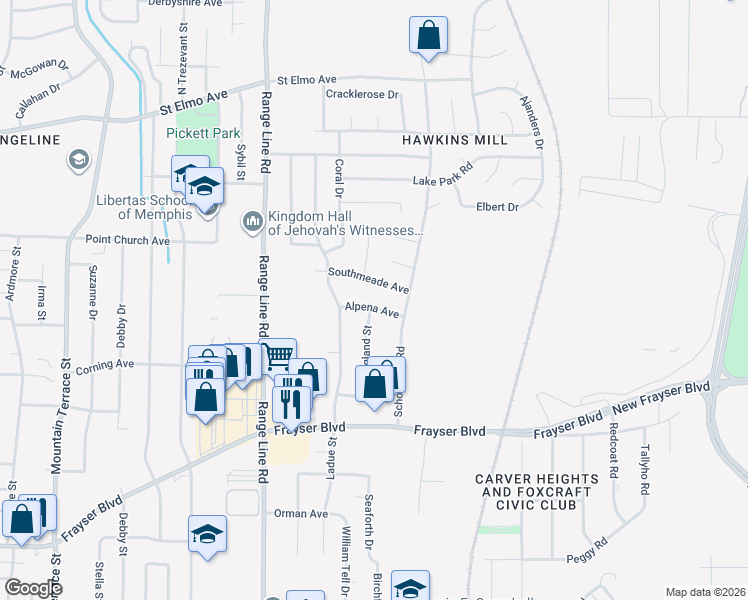 map of restaurants, bars, coffee shops, grocery stores, and more near 2764 Alpena Avenue in Memphis