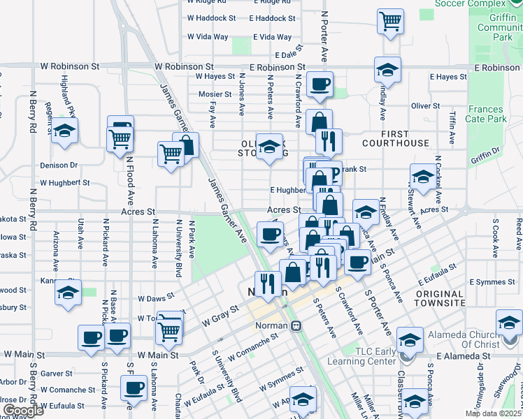 map of restaurants, bars, coffee shops, grocery stores, and more near 608 North Peters Avenue in Norman