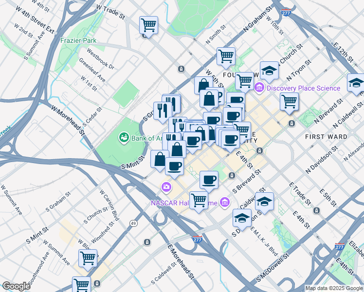 map of restaurants, bars, coffee shops, grocery stores, and more near in Charlotte