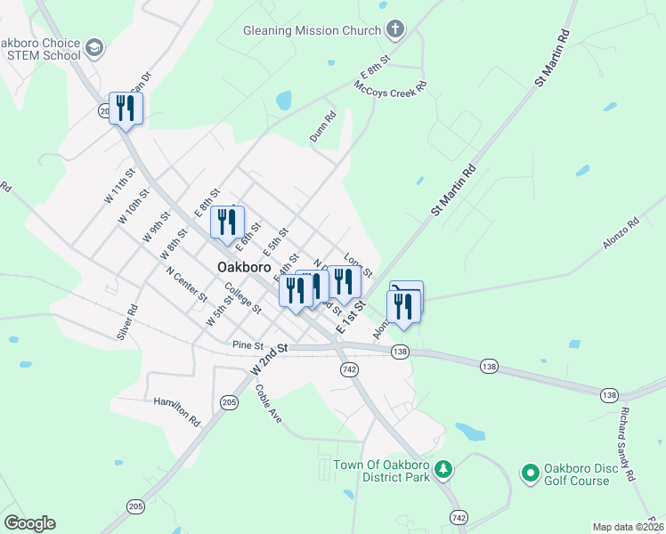 map of restaurants, bars, coffee shops, grocery stores, and more near 230 North Dorsett Street in Oakboro