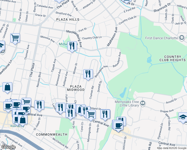 map of restaurants, bars, coffee shops, grocery stores, and more near in Charlotte