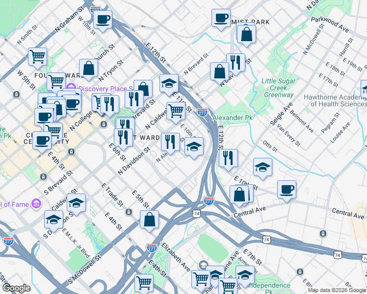 map of restaurants, bars, coffee shops, grocery stores, and more near in Charlotte