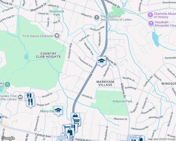 map of restaurants, bars, coffee shops, grocery stores, and more near 2017 Bentley Place in Charlotte