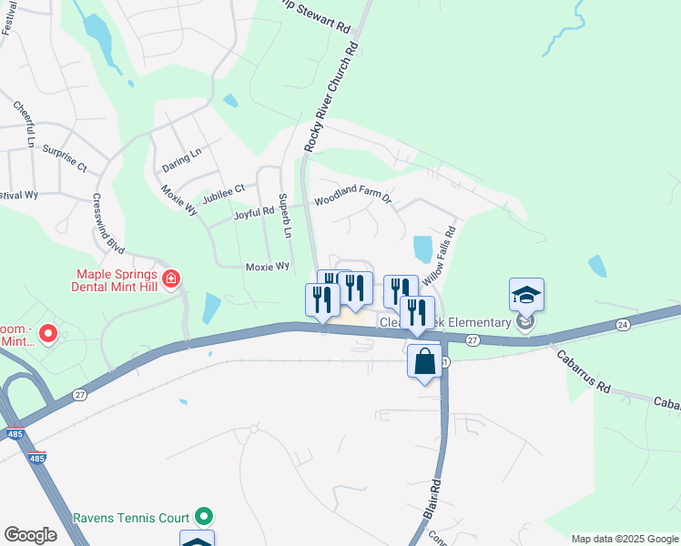 map of restaurants, bars, coffee shops, grocery stores, and more near 13631 Haven Ridge Lane in Charlotte