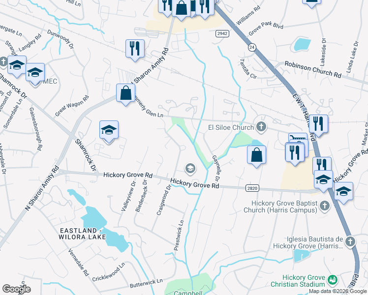 map of restaurants, bars, coffee shops, grocery stores, and more near 4647 Craigwood Drive in Charlotte