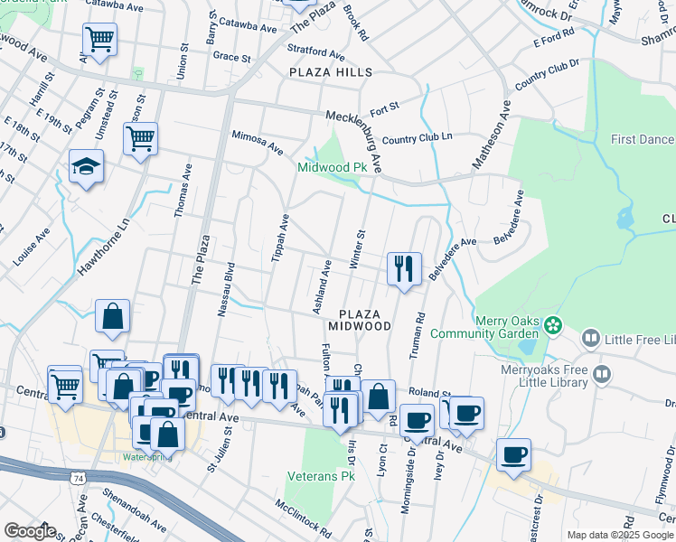 map of restaurants, bars, coffee shops, grocery stores, and more near 2122 Midwood Place in Charlotte