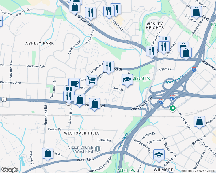 map of restaurants, bars, coffee shops, grocery stores, and more near 4221 Bryant Terraces Drive in Charlotte