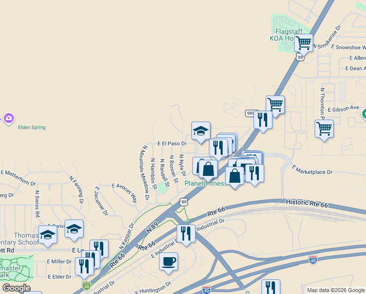 map of restaurants, bars, coffee shops, grocery stores, and more near 3991 East El Paso Drive in Flagstaff
