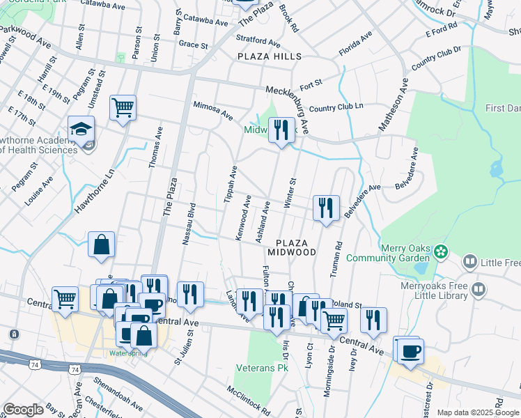 map of restaurants, bars, coffee shops, grocery stores, and more near in Charlotte