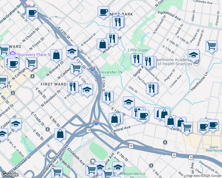 map of restaurants, bars, coffee shops, grocery stores, and more near in Charlotte