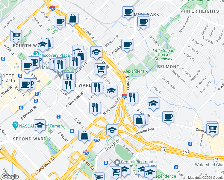 map of restaurants, bars, coffee shops, grocery stores, and more near 924 Garden District Drive in Charlotte