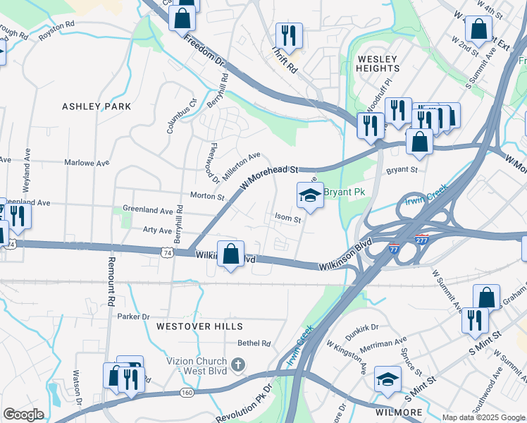 map of restaurants, bars, coffee shops, grocery stores, and more near 4221 Bryant Terraces Drive in Charlotte