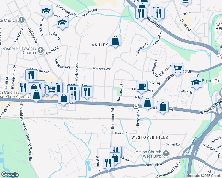 map of restaurants, bars, coffee shops, grocery stores, and more near 2522 Greenland Avenue in Charlotte