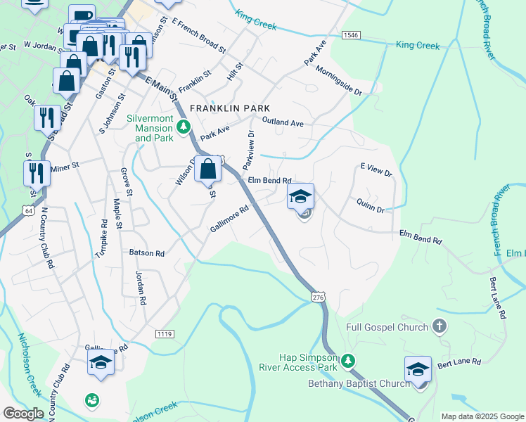 map of restaurants, bars, coffee shops, grocery stores, and more near 319 Greenville Highway in Brevard