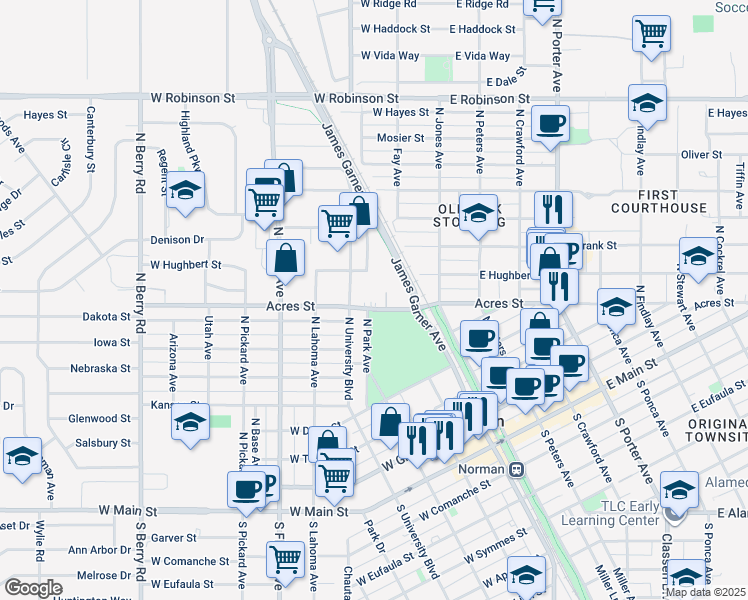 map of restaurants, bars, coffee shops, grocery stores, and more near 201 West Acres Street in Norman