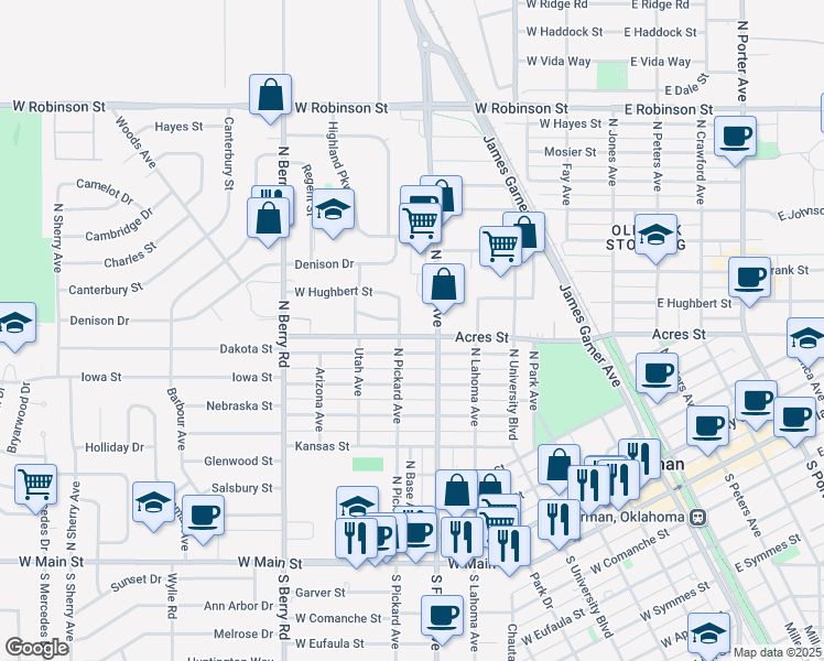 map of restaurants, bars, coffee shops, grocery stores, and more near 607 West Acres Street in Norman