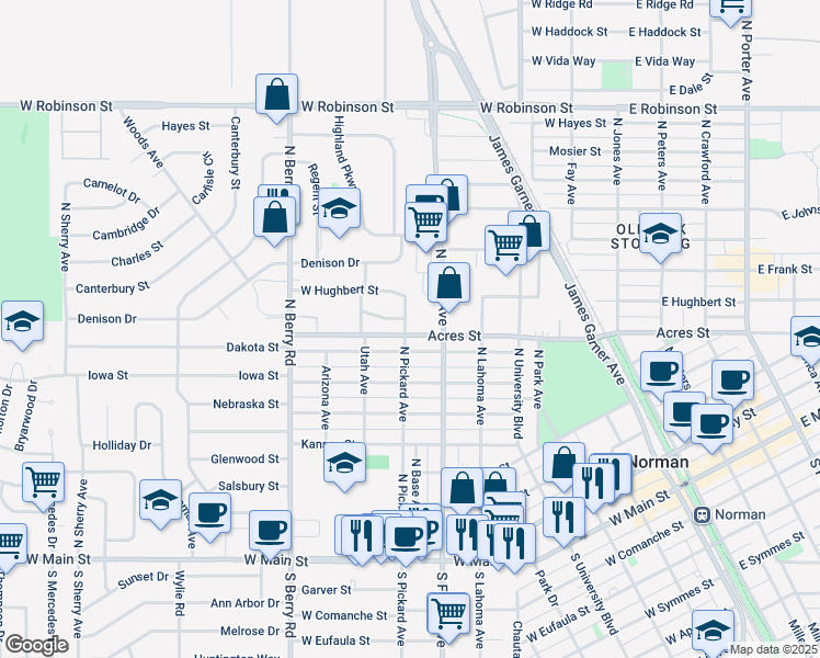 map of restaurants, bars, coffee shops, grocery stores, and more near 713 Hartman Drive in Norman