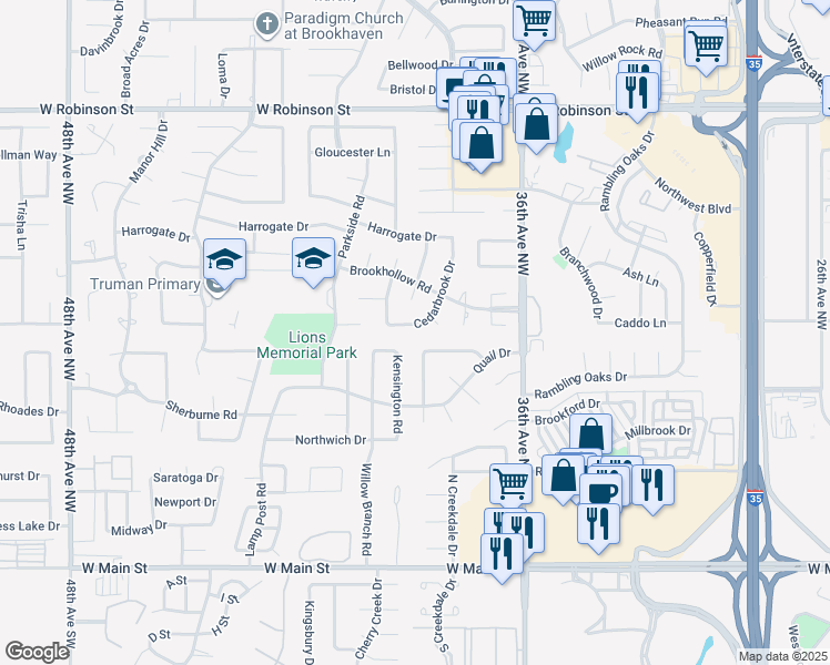 map of restaurants, bars, coffee shops, grocery stores, and more near 3832 Cedarbrook Drive in Norman