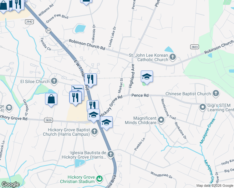map of restaurants, bars, coffee shops, grocery stores, and more near 6301 Hickory Grove Road in Charlotte