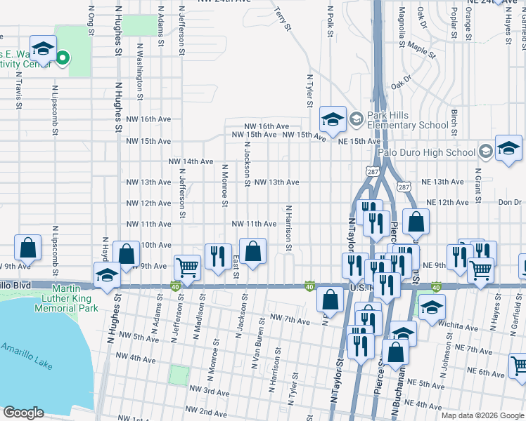 map of restaurants, bars, coffee shops, grocery stores, and more near 1109 North Van Buren Street in Amarillo