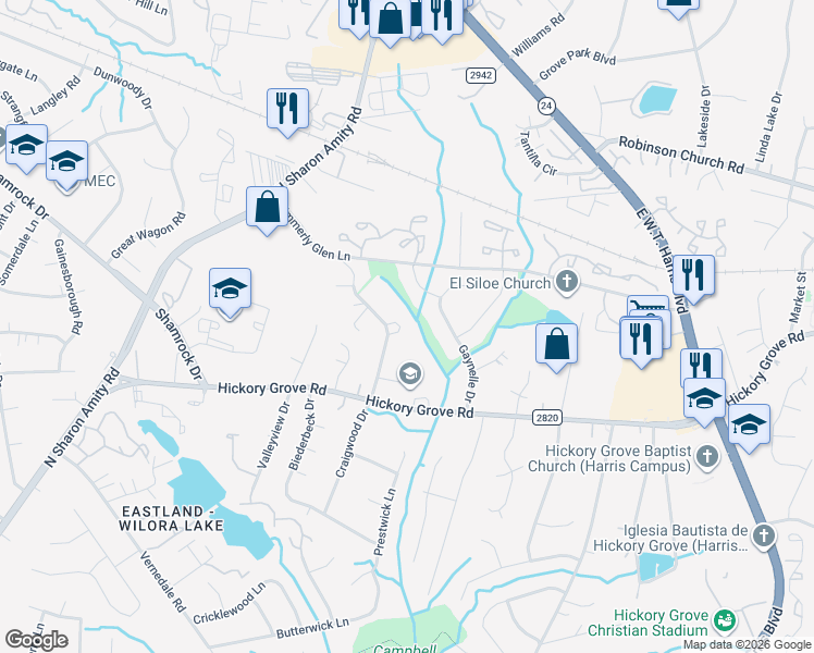 map of restaurants, bars, coffee shops, grocery stores, and more near 4647 Craigwood Drive in Charlotte