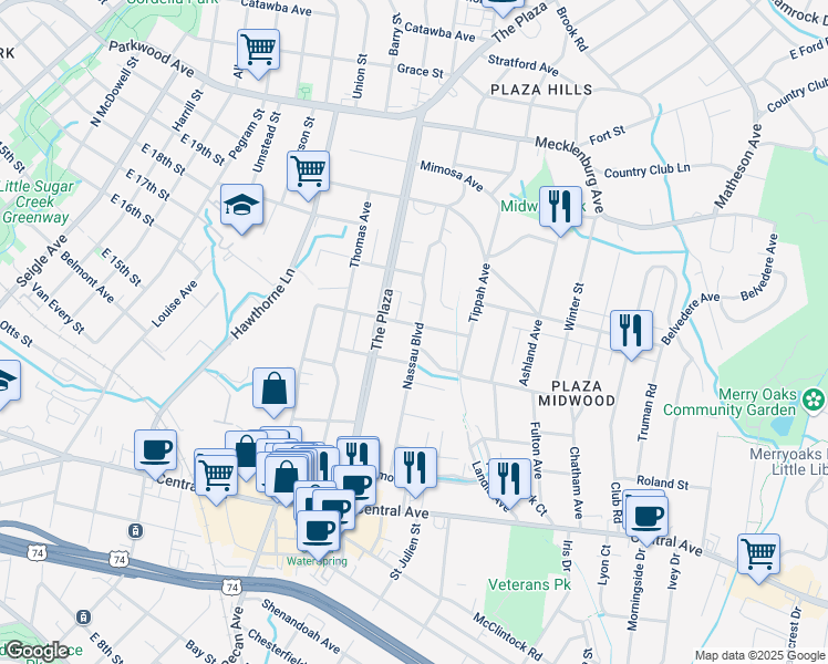 map of restaurants, bars, coffee shops, grocery stores, and more near 1726 Chestnut Ave in Charlotte