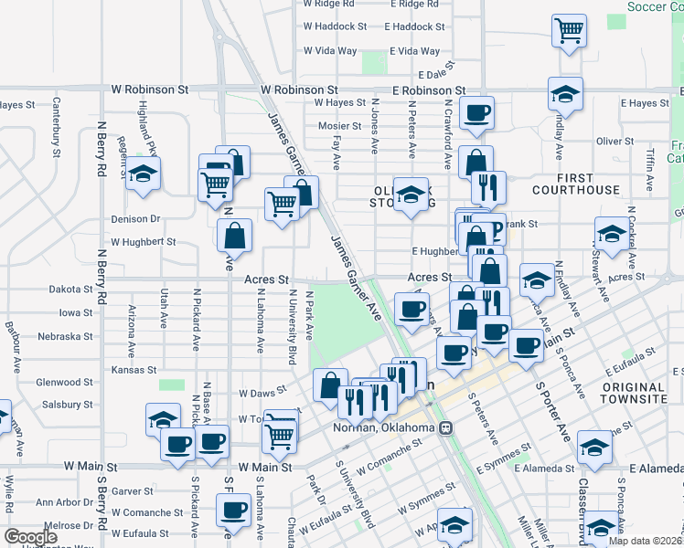 map of restaurants, bars, coffee shops, grocery stores, and more near 115 West Acres Street in Norman