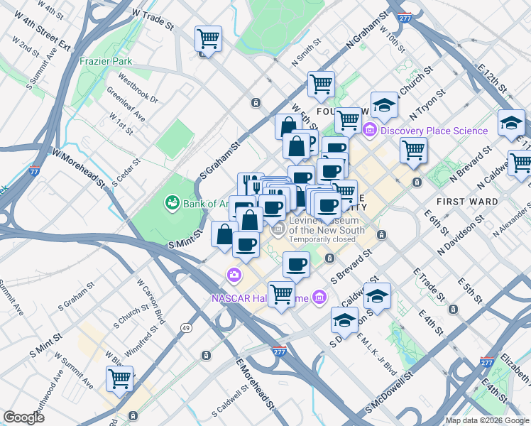 map of restaurants, bars, coffee shops, grocery stores, and more near 321 South Church Street in Charlotte