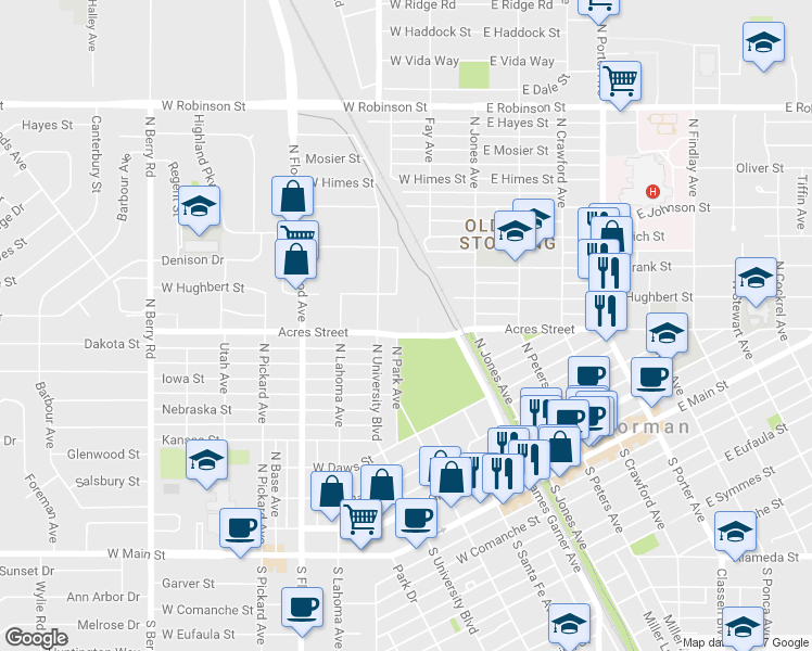 map of restaurants, bars, coffee shops, grocery stores, and more near 201 West Acres Street in Norman