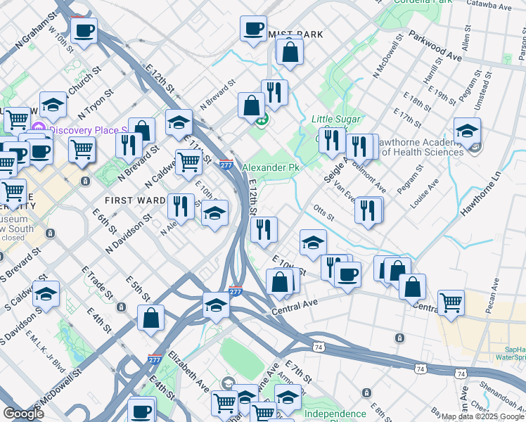 map of restaurants, bars, coffee shops, grocery stores, and more near 793 Seigle Point Drive in Charlotte