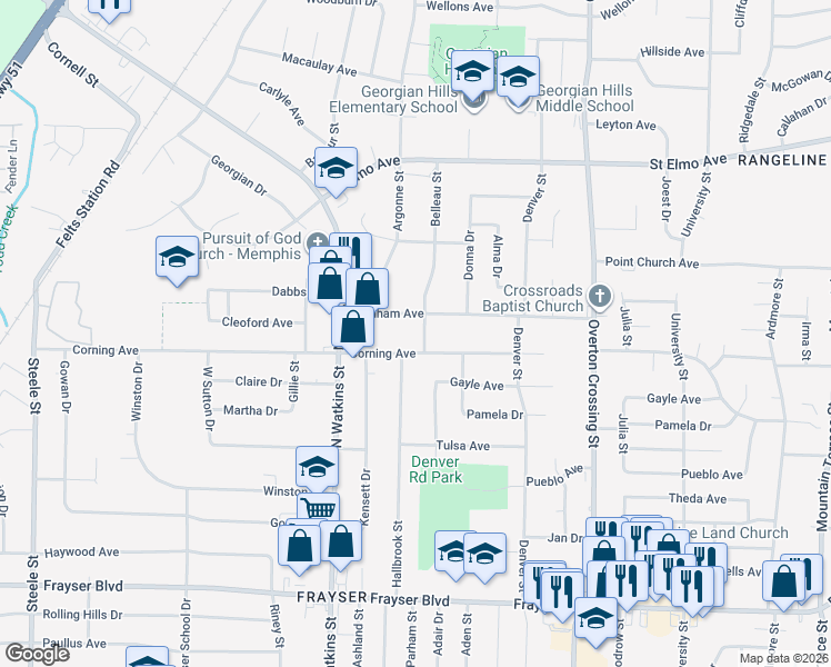 map of restaurants, bars, coffee shops, grocery stores, and more near 3673 Belleau Street in Memphis