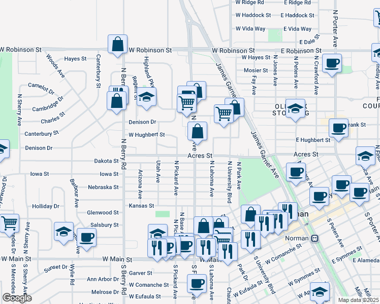 map of restaurants, bars, coffee shops, grocery stores, and more near 607 West Acres Street in Norman