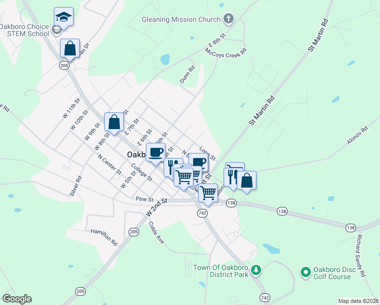 map of restaurants, bars, coffee shops, grocery stores, and more near 230 North Dorsett Street in Oakboro