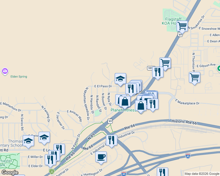 map of restaurants, bars, coffee shops, grocery stores, and more near 3991 East El Paso Drive in Flagstaff